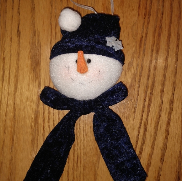 soft stuffed plush snowman ornament, with bright blue hat and scarf & bow, used - Picture 1 of 3